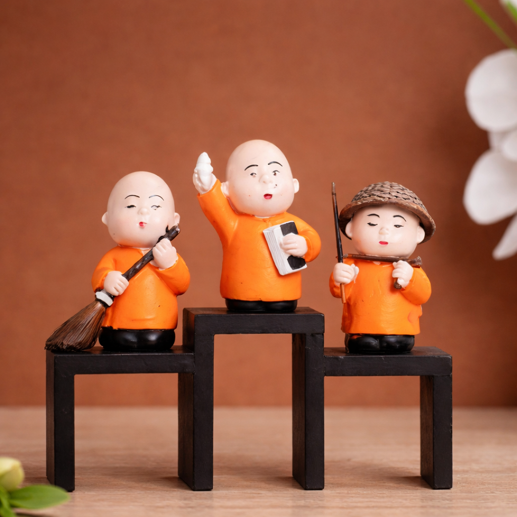 Mini Musician Monk Figurine Set (3 Pieces) – Decorative Showpiece