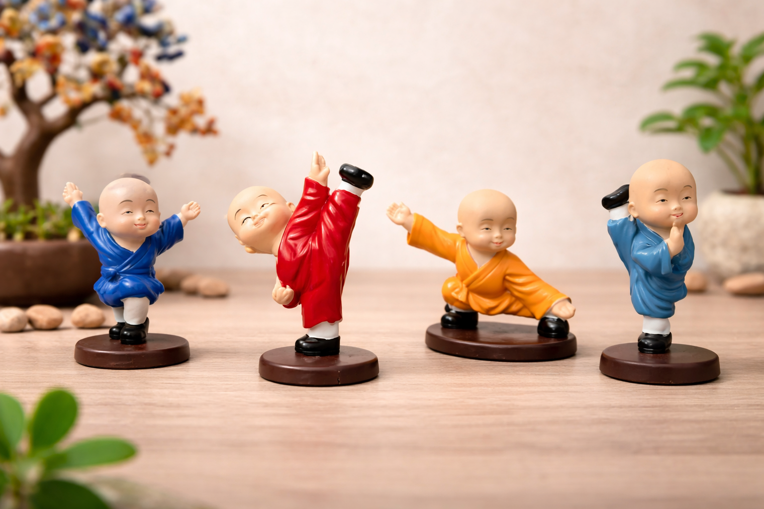 Mini Monk Yoga Figurine Set (4 Pieces) – Decorative Showpiece