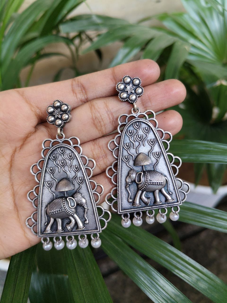 Vintage Elephant Drop Earrings for Women - Antique Silver Traditional Jewelry