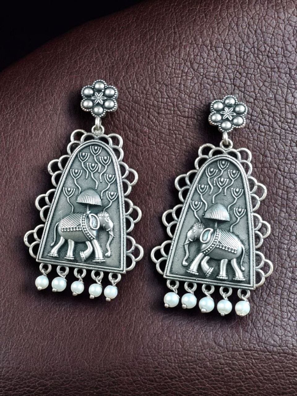 Vintage Elephant Drop Earrings for Women - Antique Silver Traditional Jewelry
