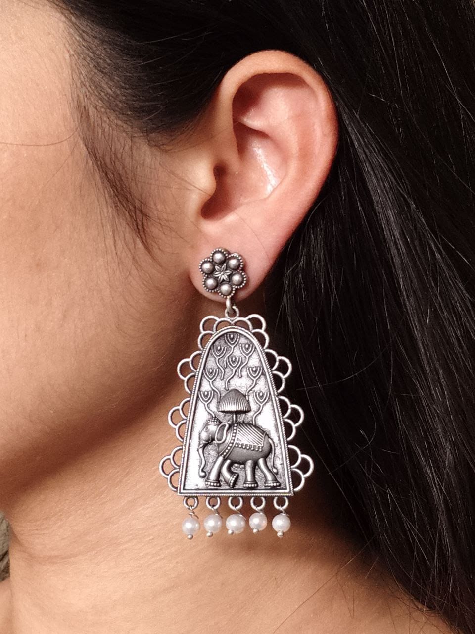 Vintage Elephant Drop Earrings for Women - Antique Silver Traditional Jewelry
